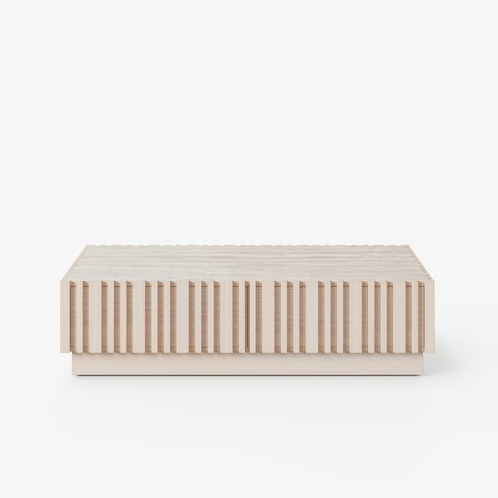 Aura 47" Ash Wood Slatted Coffee Table with Sintered Stone Top window image