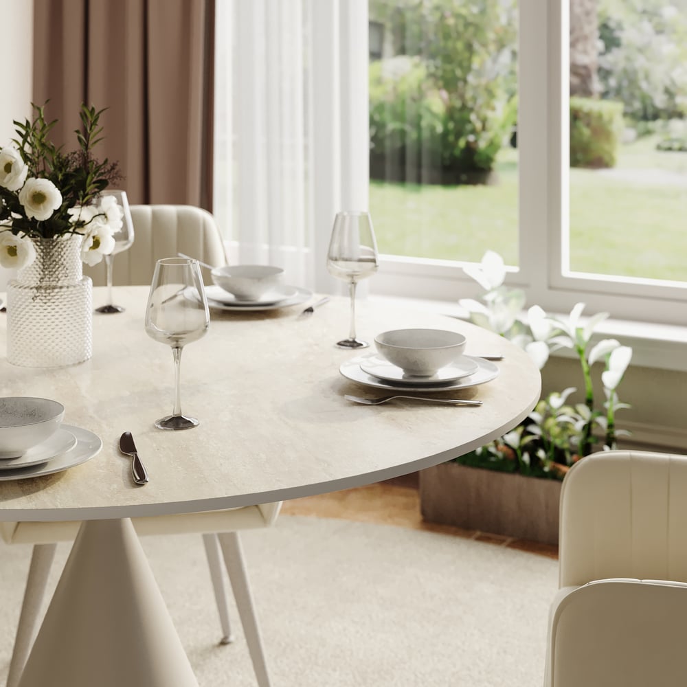 Table à manger ronde moderne en pierre frittée de travertin mat de 99 cm, 2 places image de fenêtre