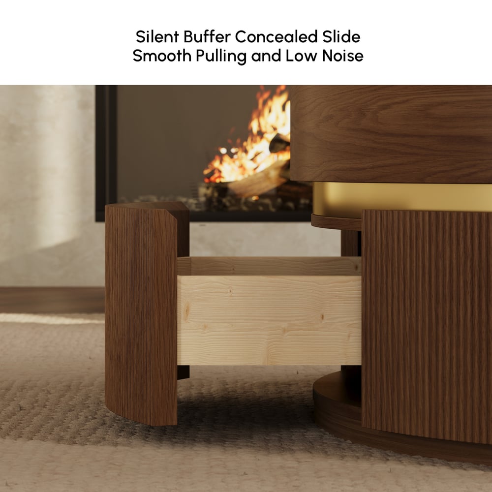 Table basse ronde en noyer à plateau relevable cannelé de 32 pouces avec 2 tiroirs image de fenêtre