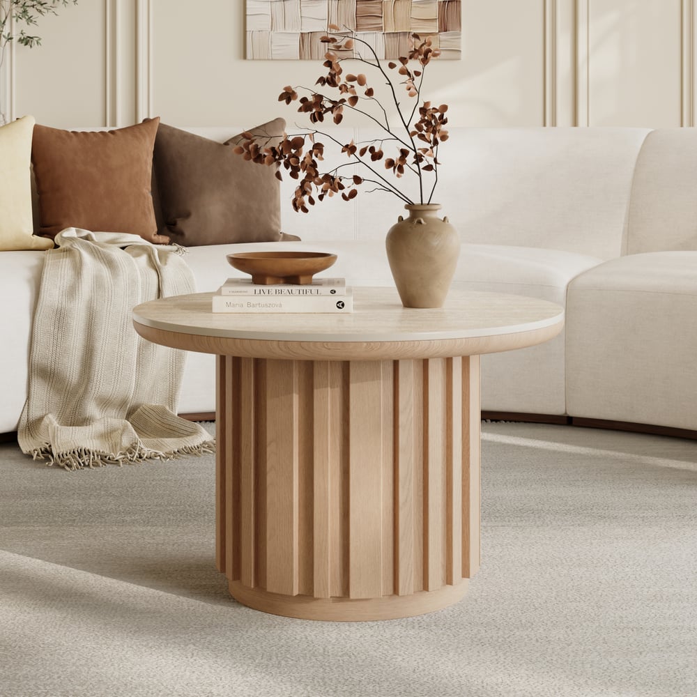 Table basse ronde à lattes en bois de frêne Aura avec plateau en pierre frittée image de fenêtre