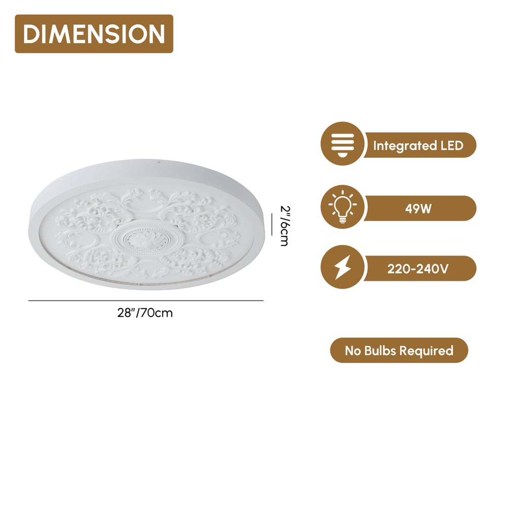 French Elegant White Resin 3D Carved LED 3-Mode Dimmable Flush Mount Ceiling Light weights dimensions image