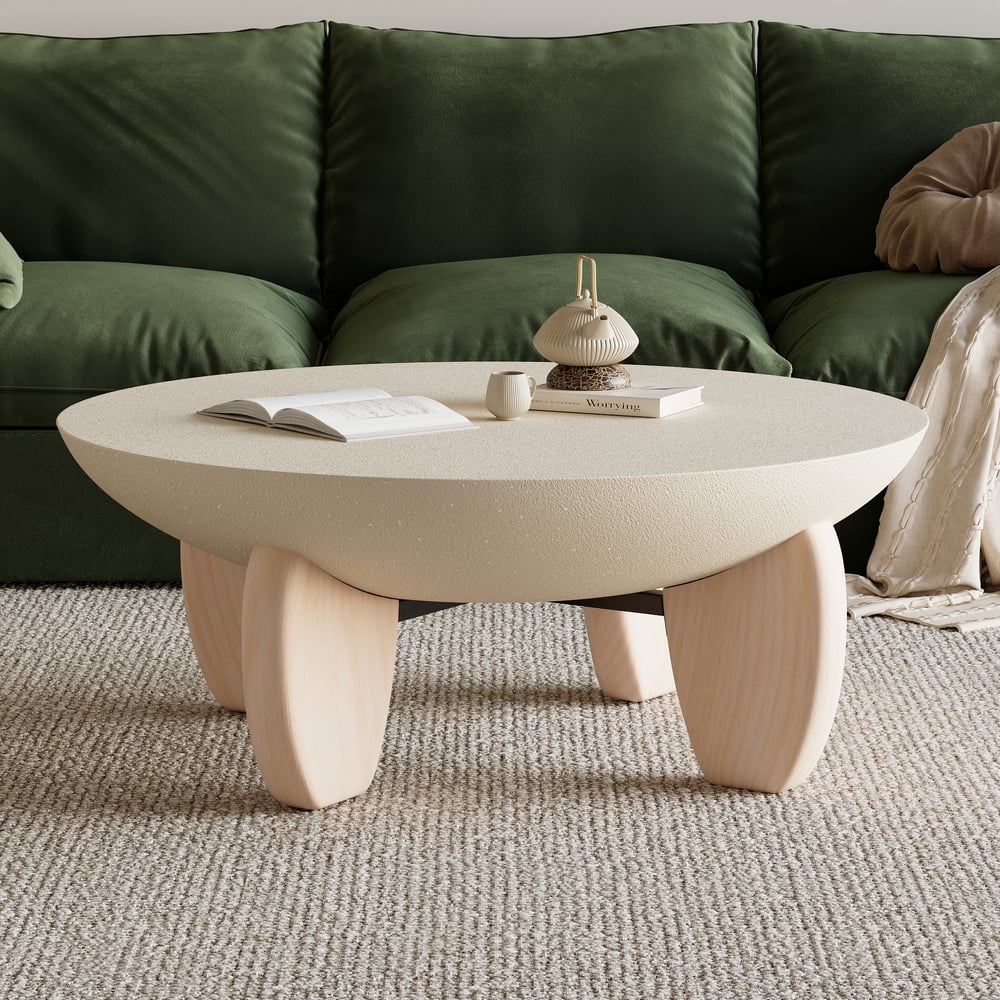 Mesa de Centro Curva Round de Betão e Nogueira com Pernas de Madeira Imagem da janela