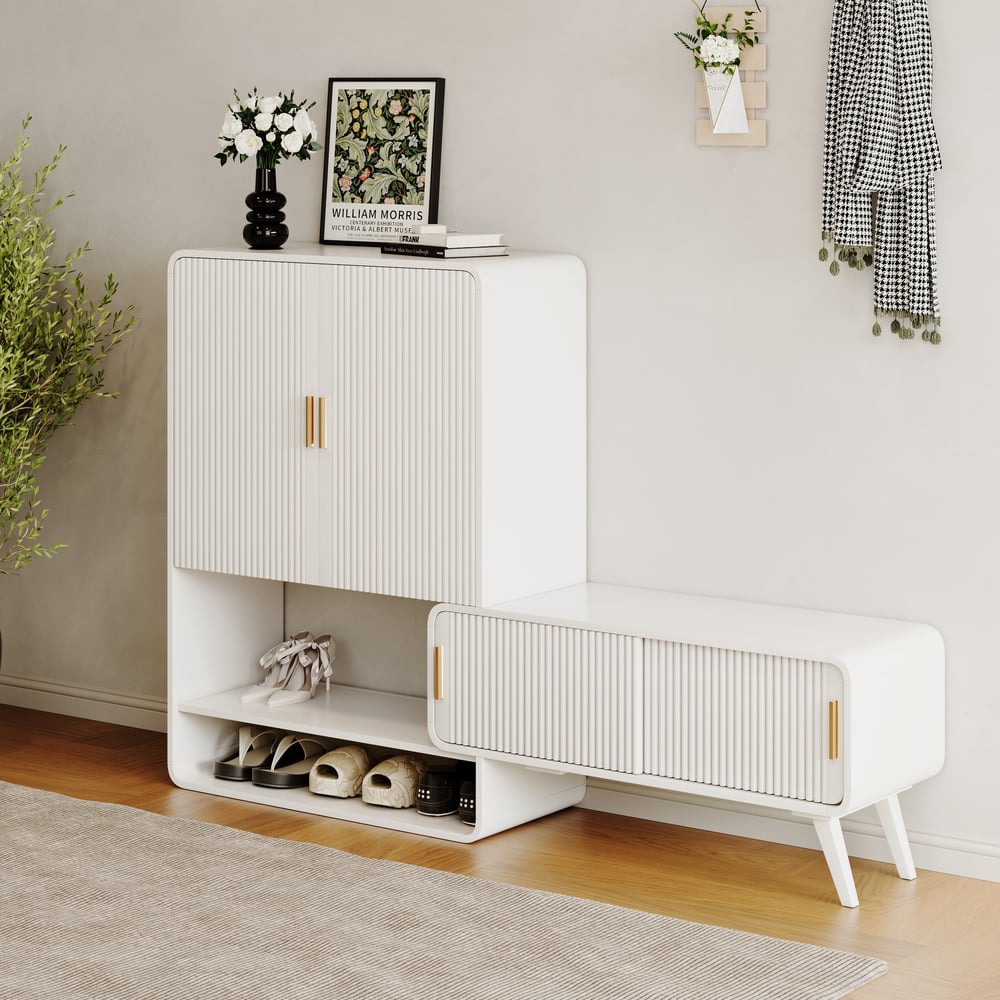 37" Warm White Shoe Storage Fluted Entryway Cabinet, Right Hand window image
