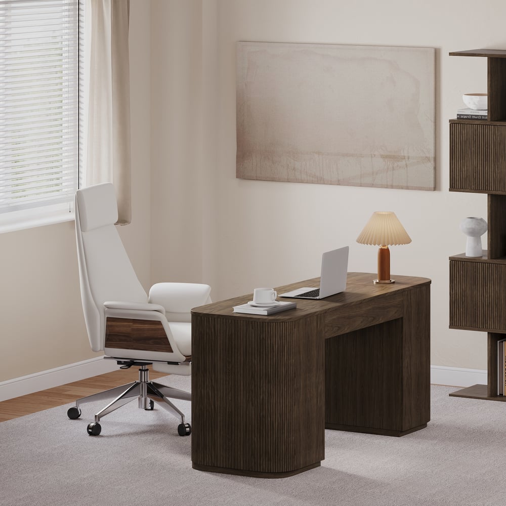 Velign 60" Walnut Standing Computer Desk with 2-Door Storage Cabinet window image