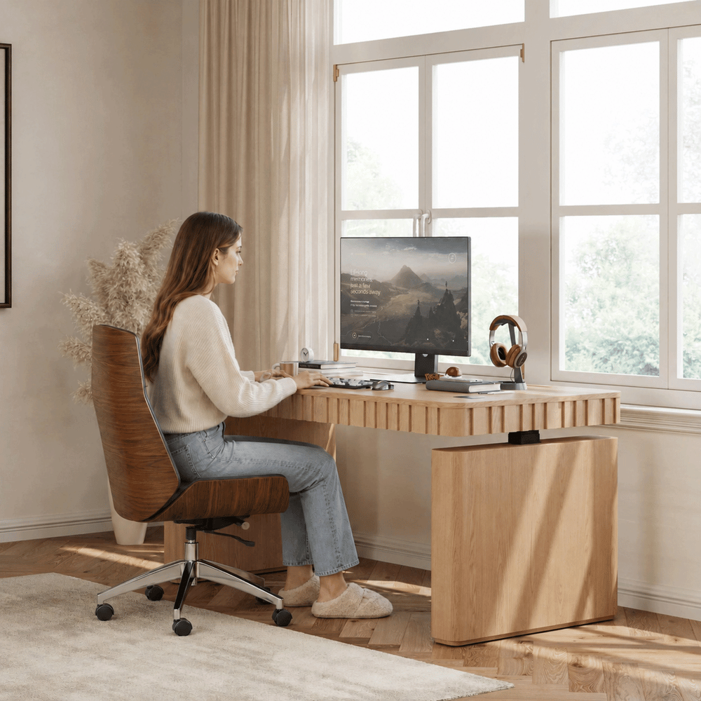 Aura 160 cm Natural Fluted Electric Adjustable Standing Desk window image