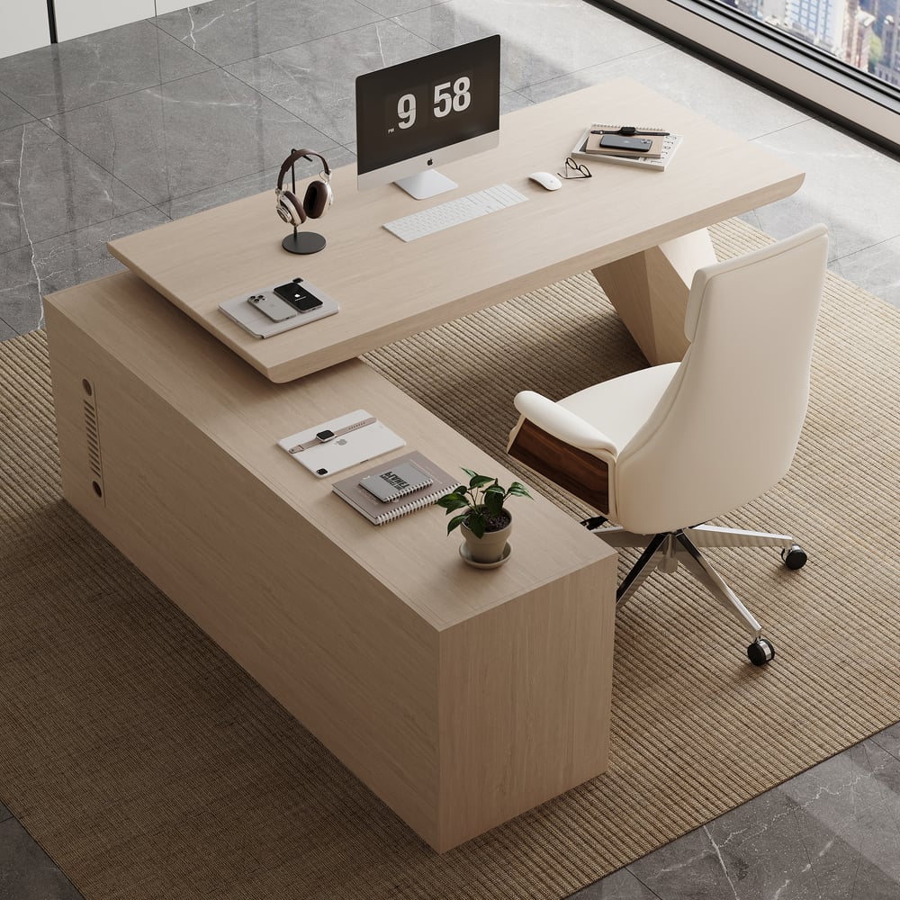 Escrivaninha executiva moderna em forma de L de 180 cm com acabamento em branco lavado e armazenamento, mão esquerda Imagem da janela