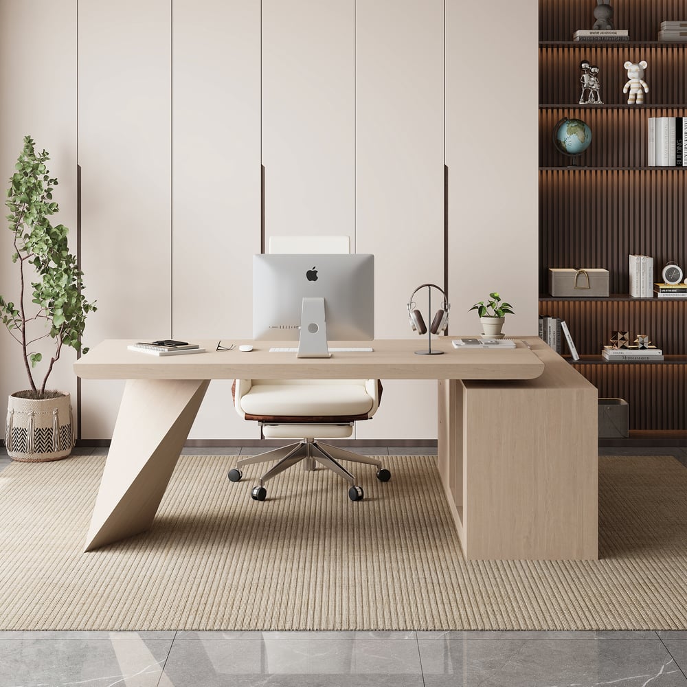 Escrivaninha executiva moderna em forma de L de 180 cm com acabamento em branco lavado e armazenamento, mão esquerda Imagem da janela