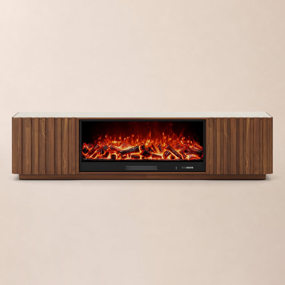Aura 84" Sintered Stone Top Electric Fireplace TV Stand window image