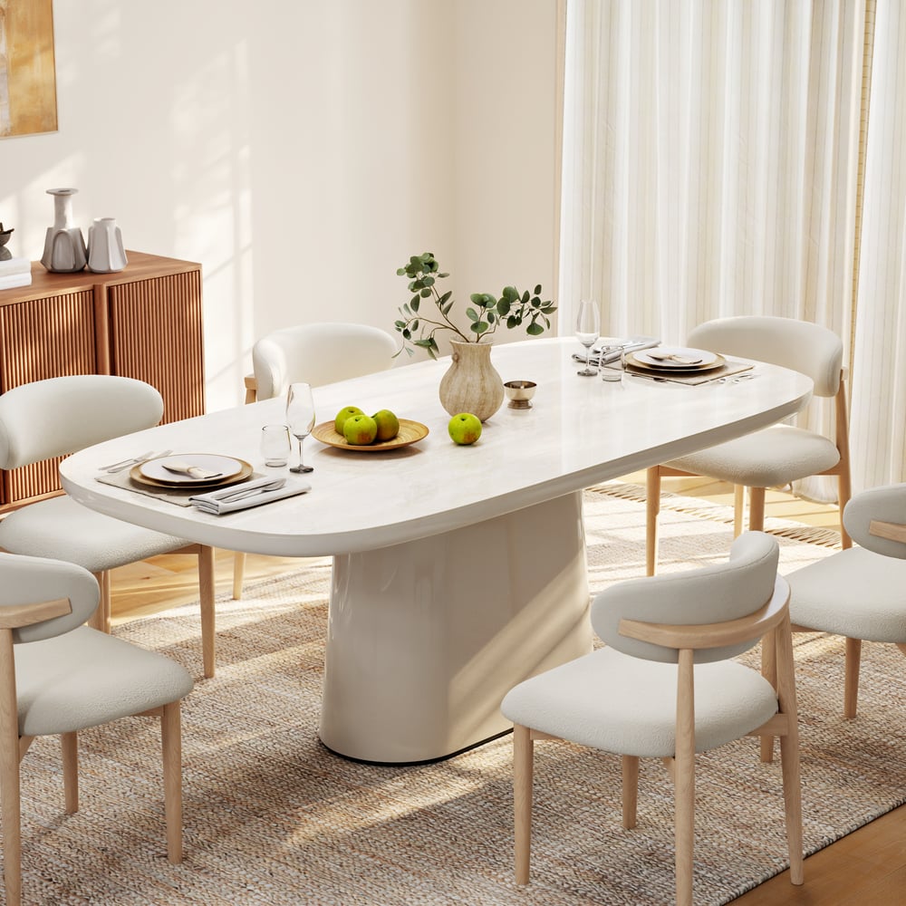 Modern 79" Oval Faux Travertine Sintered Stone Dining Table, Seats 6 window image