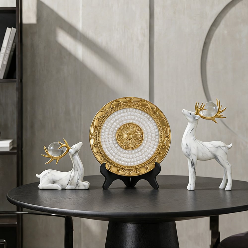 3 pcs Golden Deer Figurine with Decorative Plate Set, Luxury Resin Animal Sculptures window image