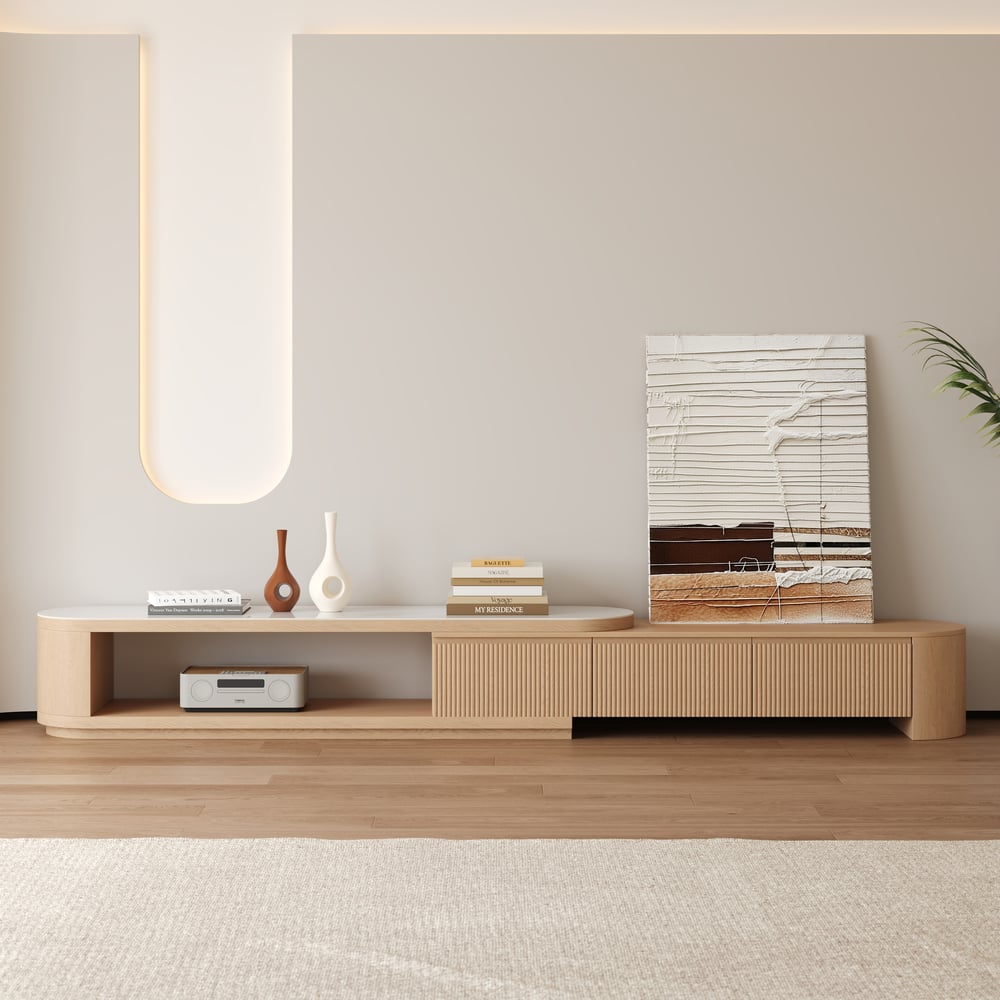 Velar 71"-114" Extendable Fluted TV Stand with Sintered Stone Top & 3 Drawers window image