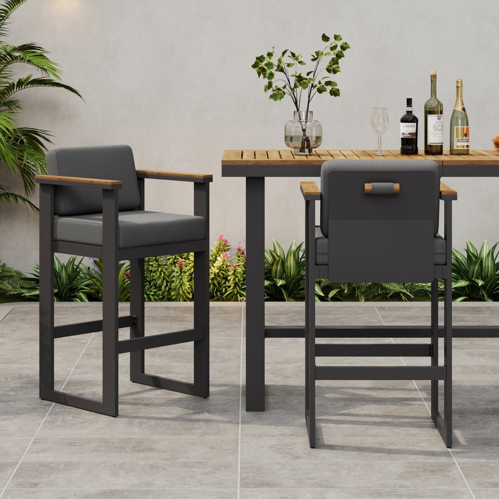Tevara Outdoor Aluminum Frame & Teak Wood Armrest Bar Stools in Dark Gray, Set of 2 window image