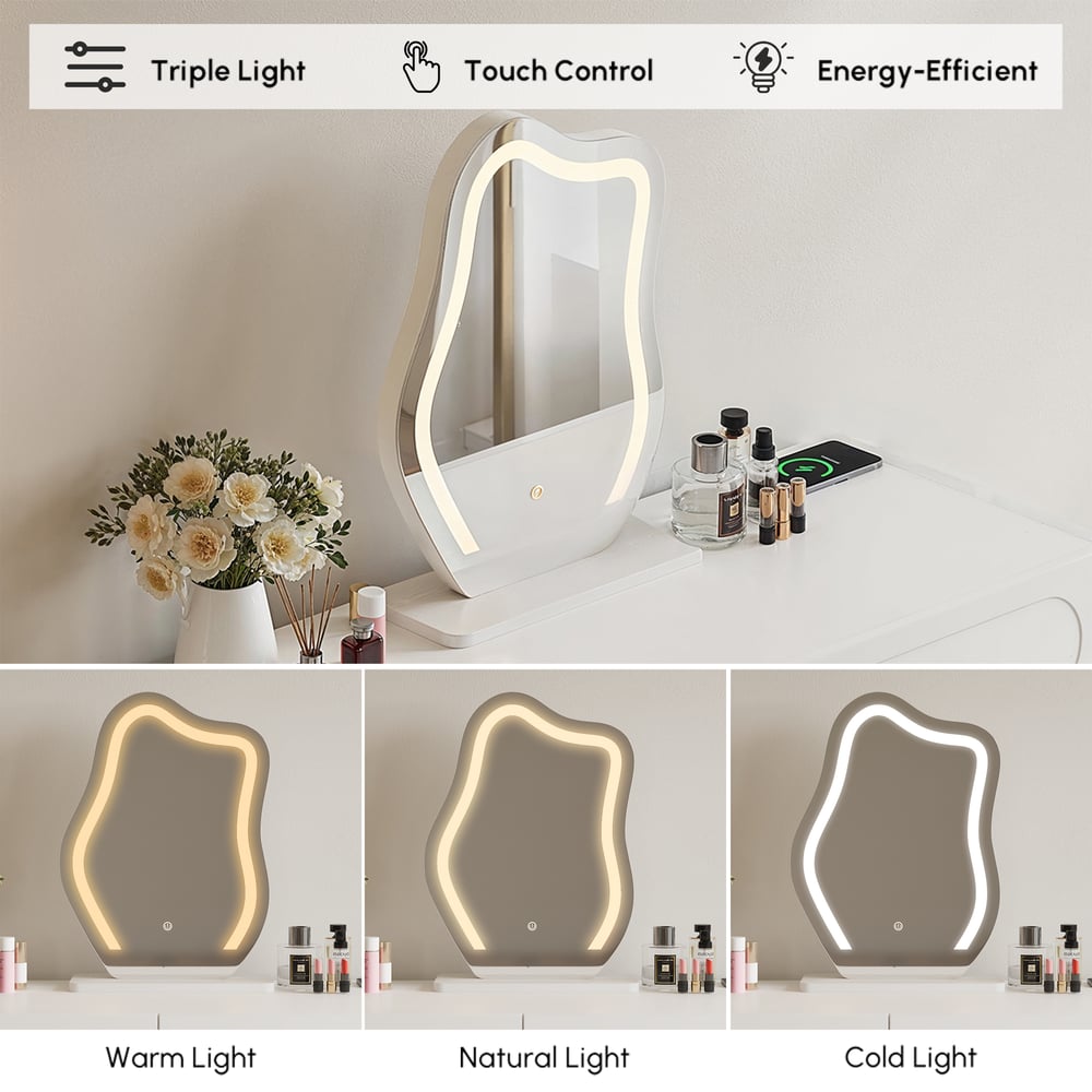 Toeletta da trucco bianca Krila con specchio a LED e stazione di ricarica (40"–55") Immagine della finestra