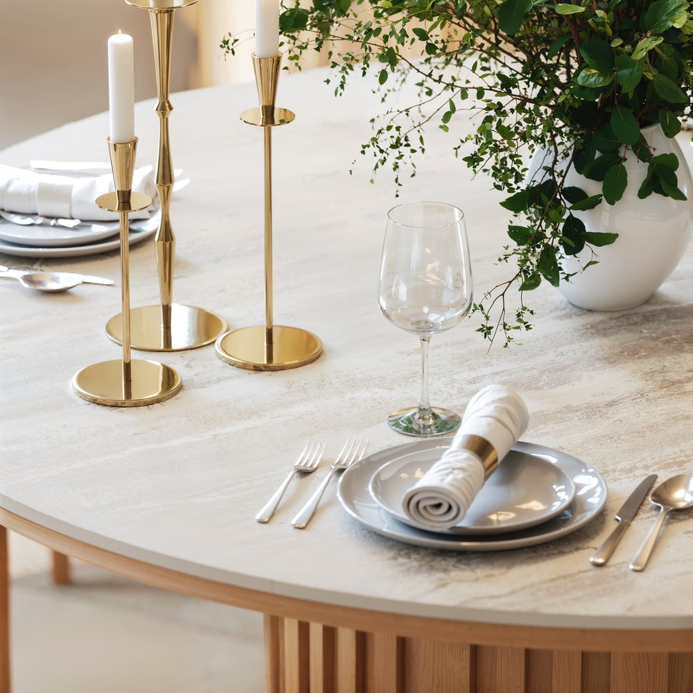 Aura 47" Round Natural Faux Travertine Sintered Stone Dining Table, Fluted Base, Seats 4 window image