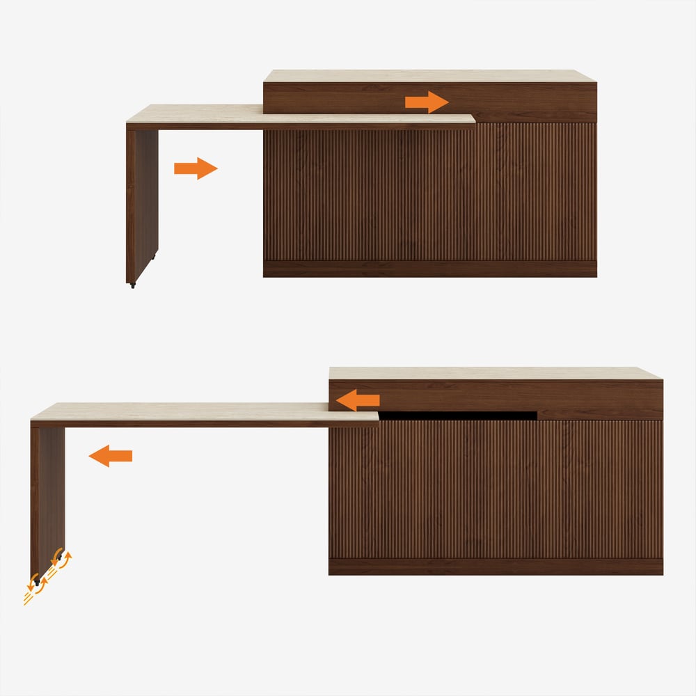 Îlot central de cuisine moderne extensible 205-284 cm avec plateau en pierre frittée mate finition noyer et rangement image de fenêtre