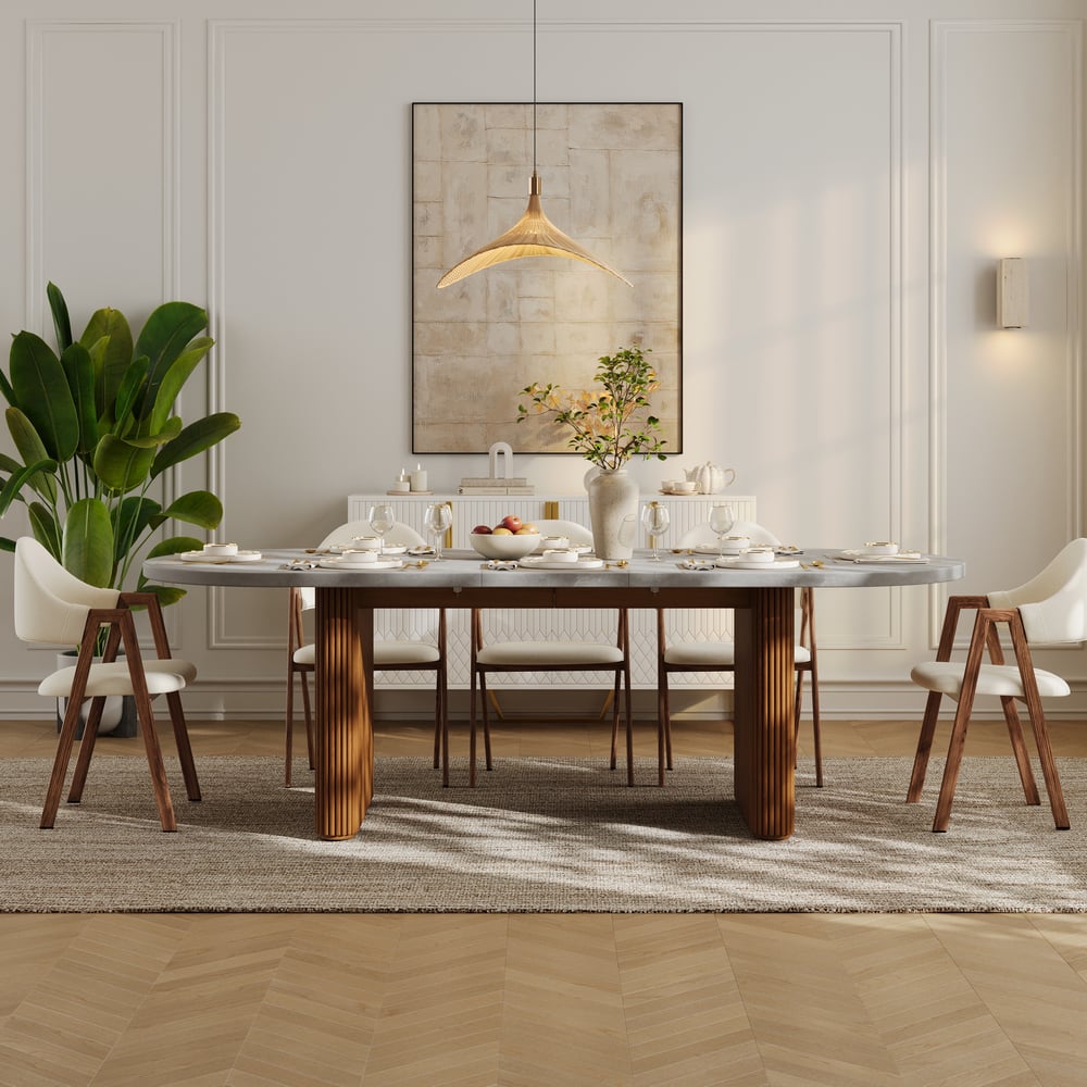 Tavolo da pranzo ovale allungabile Fluve 79"-94" in cemento grigio, posti 6-8 Immagine della finestra