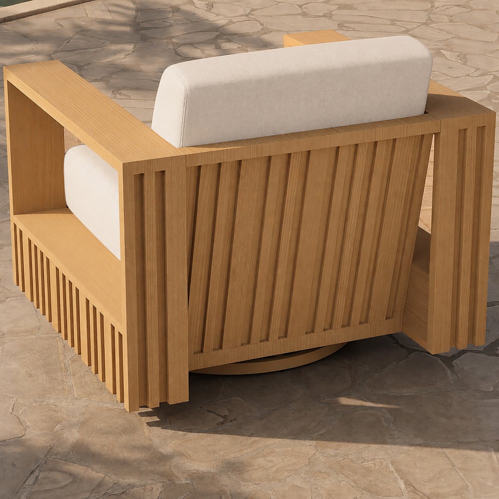 Modern Outdoor Sculptural Fluted 360-Degree Swivel Accent Chair in Natural window image