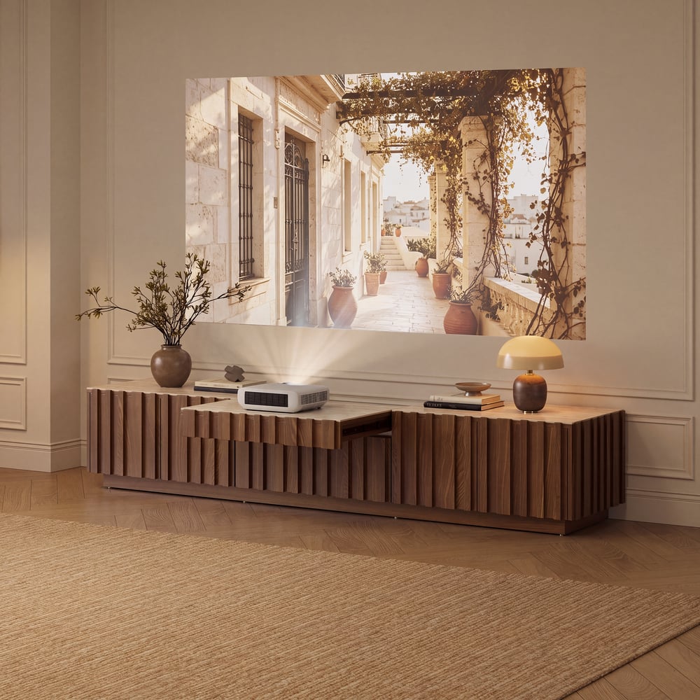 Aura 80" Ash Wood Fluted Walnut Projector TV Stand with Sintered Stone Top window image