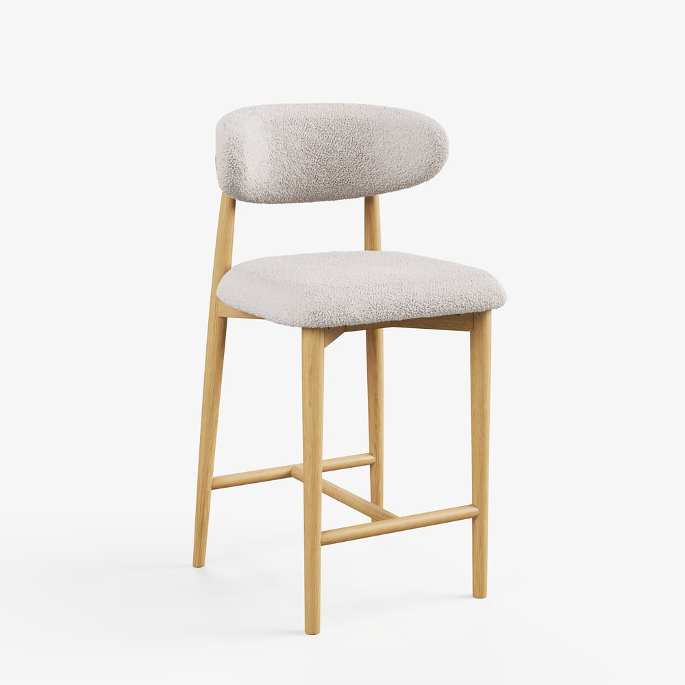 Modern Warm White Boucle Counter Stool with Natural Rubber Wood Legs, 1 Piece window image