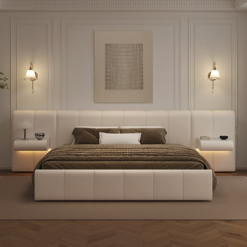 Humply King Size Upholstered Bed with Wide Headboard & Floating Smart Nightstand Set window image
