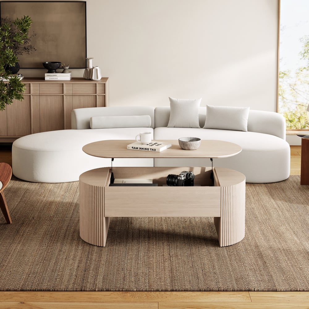 Mesa de Centro Retrátil Oval de 47" Mid-Century Modern Imagem da janela