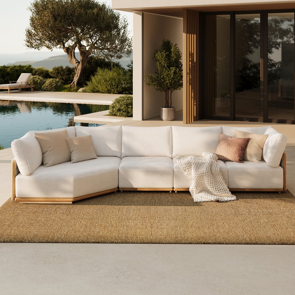 4-Piece Outdoor Teak & Aluminum Sectional Sofa Set with Chaise for 4 in Light Gray window image