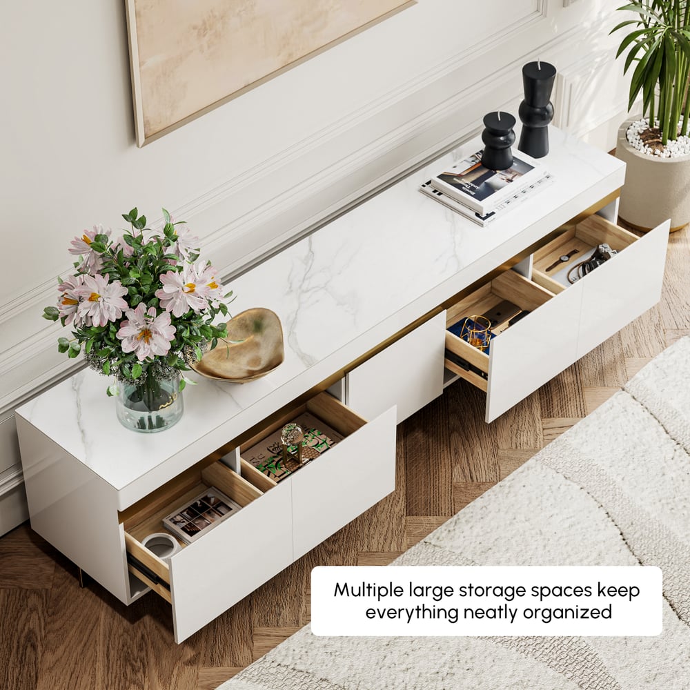 86" White Sintered Stone Top TV Stand with 4 Drawers window image