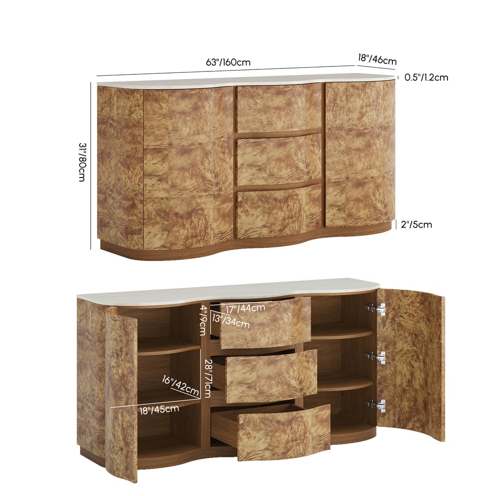 Modern 63" Burl Wood Sideboard with Sintered Stone Top weights dimensions image