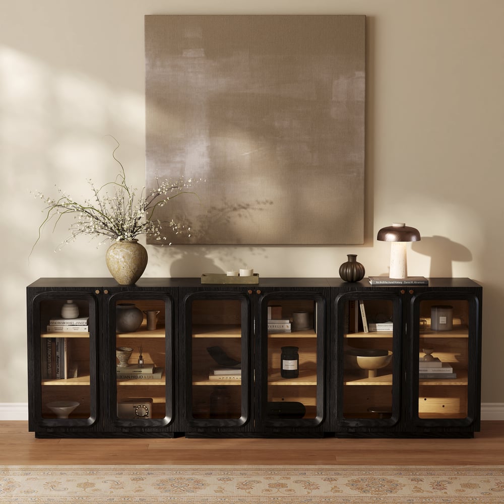 Soporte de TV de 94" con gabinete de cómoda con almacenamiento y LED Imagen de ventana