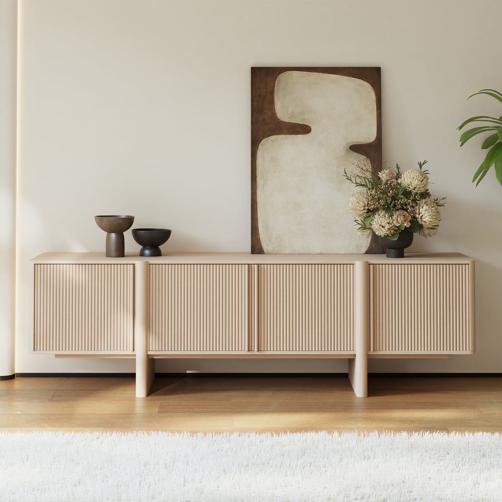 80" Solid Wood Fluted Whitewash TV Stand with Cabinets window image