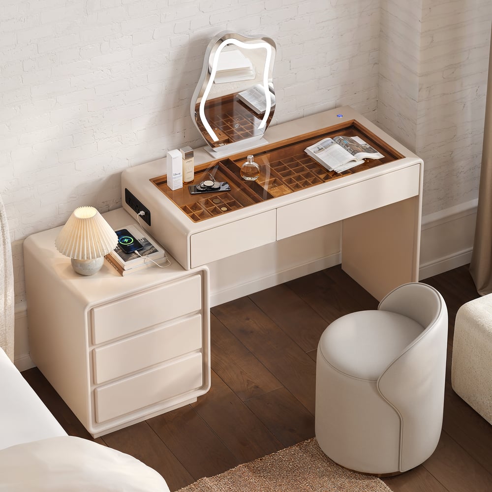 Modern Matte Warm White Makeup Vanity Set with LED Mirror and Jewelry Storage  (40"-57") window image