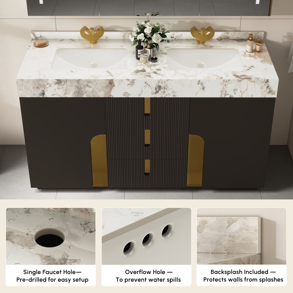 Mueble de baño Artis de 60" con doble lavabo y encimera de piedra sinterizada, 3 cajones Imagen de ventana