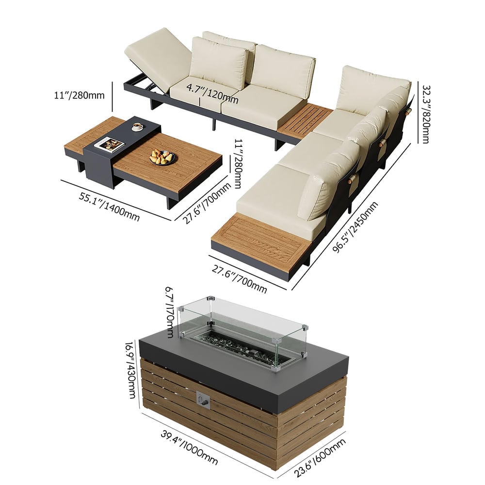 Tevara 5-Pieces Modular Teak Outdoor Sofa Set with Smokeless Fire Pit for 6 in Beige weights dimensions image