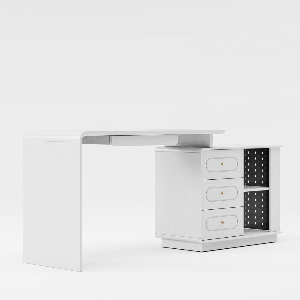 Modern 73" L-Shaped White Rotating Desk with Keyboard Tray & Storage window image
