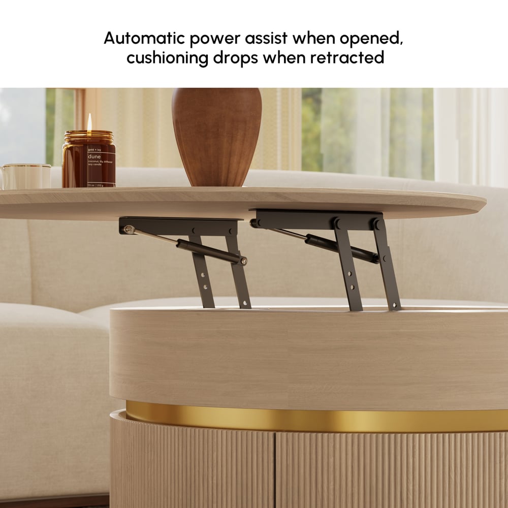 Table basse ronde à plateau relevable cannelé de 32 pouces avec 2 tiroirs image de fenêtre