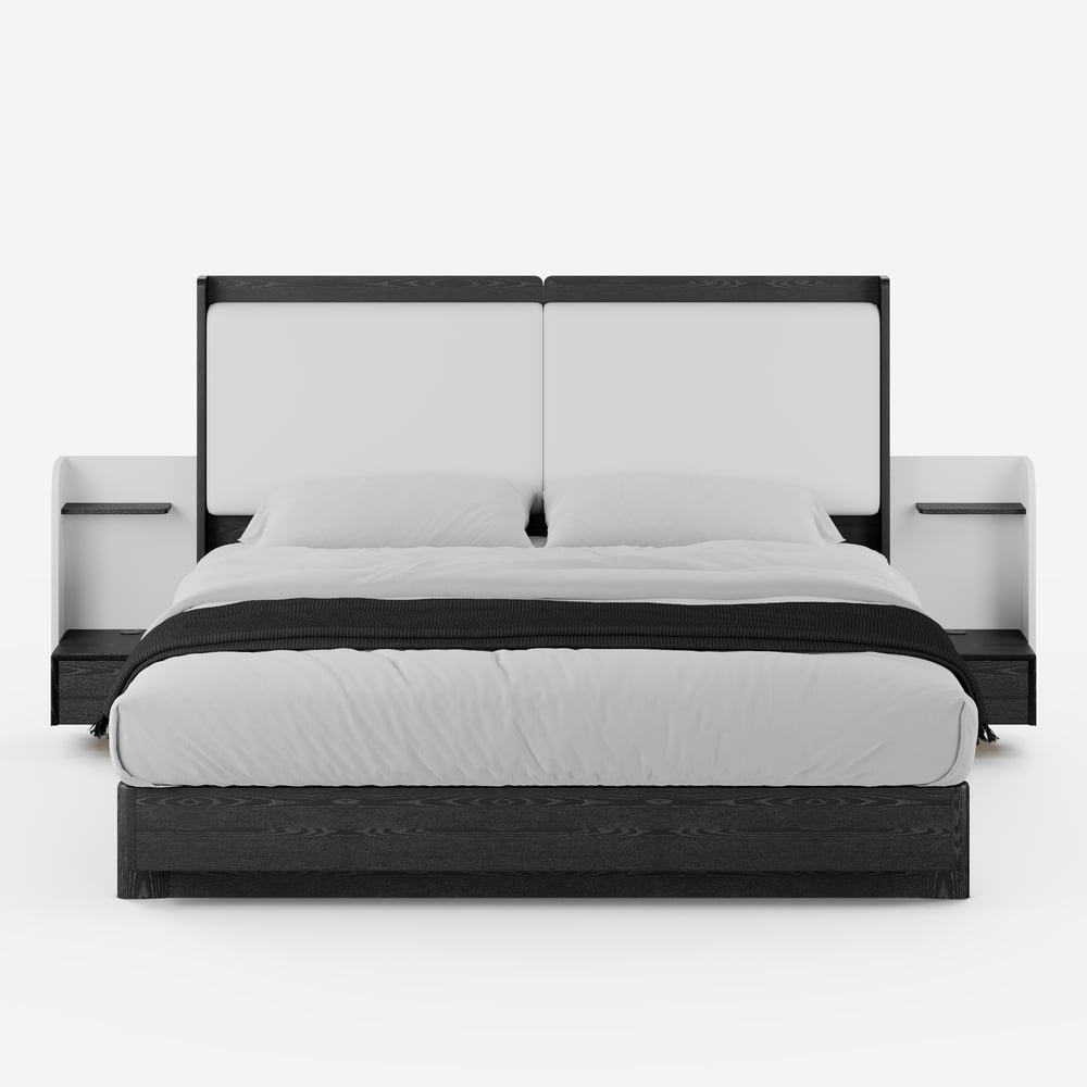 Massief houten kingsize bed met leren verlengd hoofdbord en zwevende slimme nachtkastjes set Vensterafbeelding