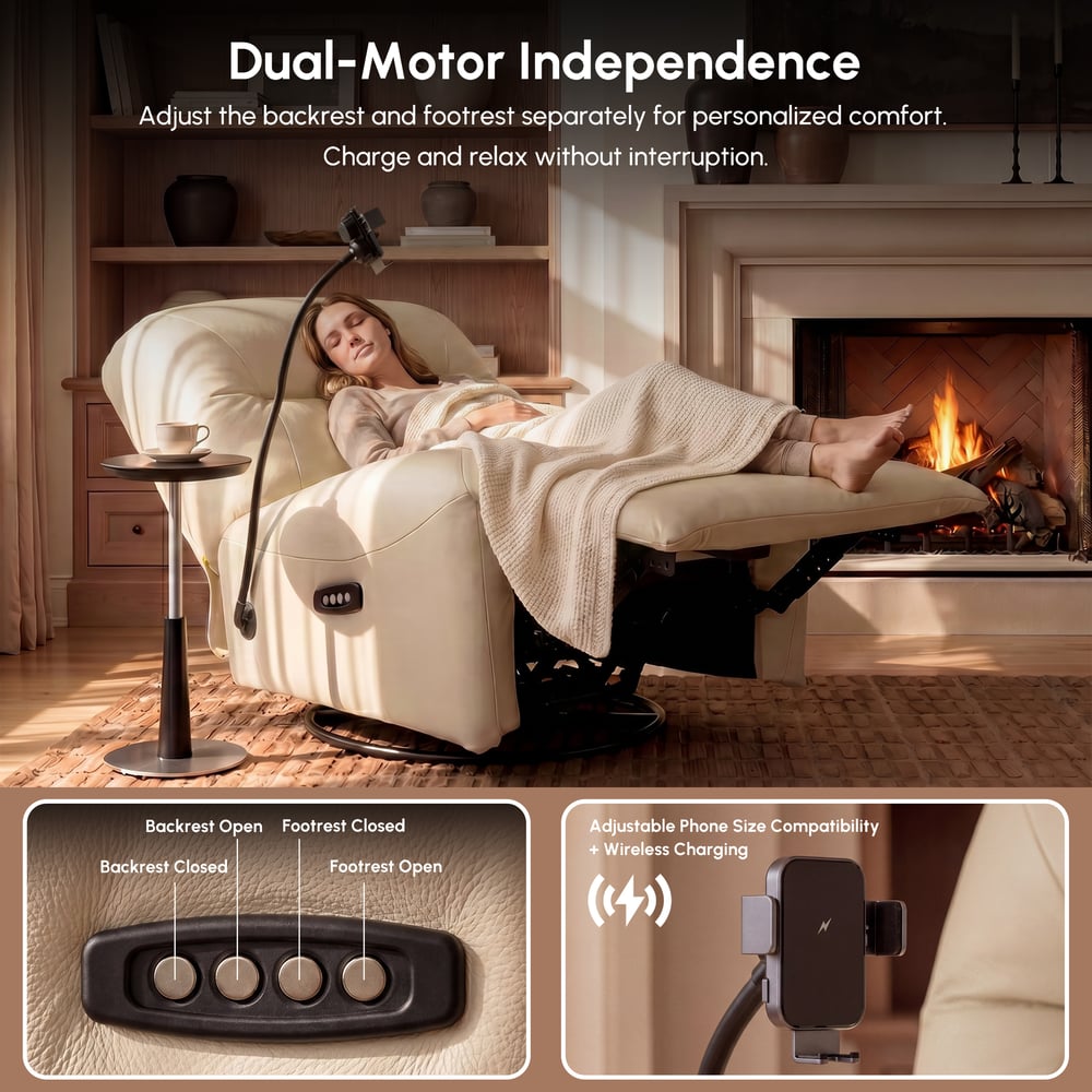 Genuine Leather Power Swivel Rocker Recliner Accent Chair with Phone Holder window image