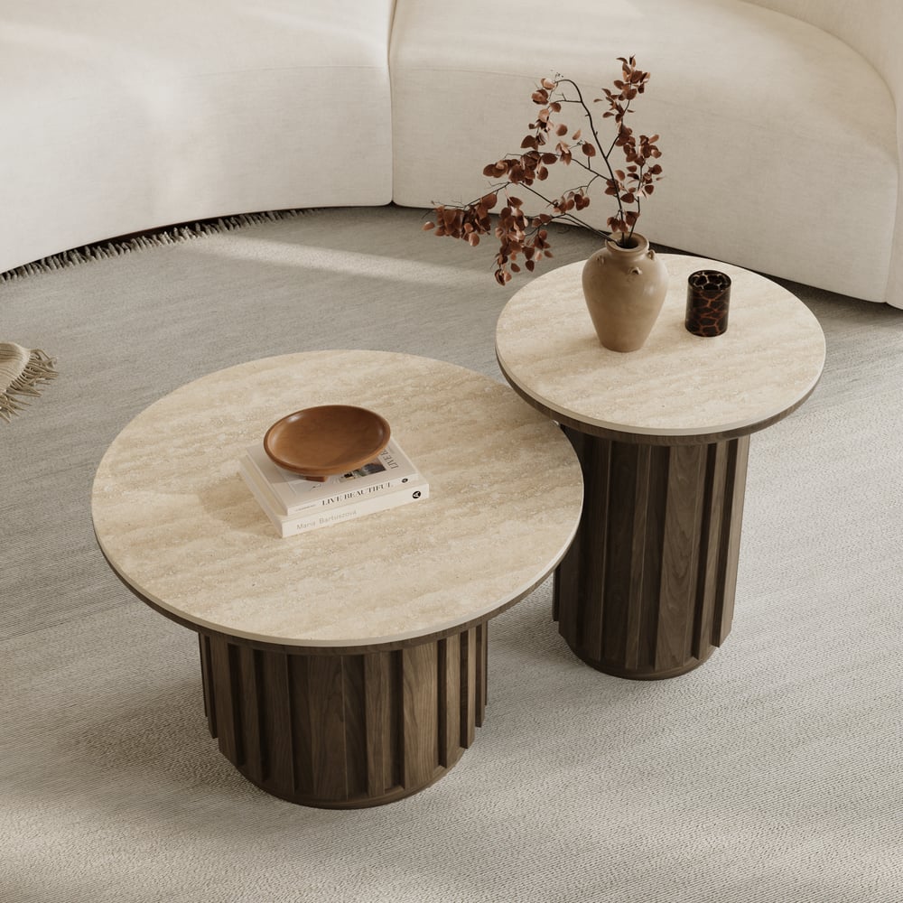 Aura 2 Piece Set Ash Wood Slatted  Round Coffee Table with Sintered Stone Top(20" - 28") window image
