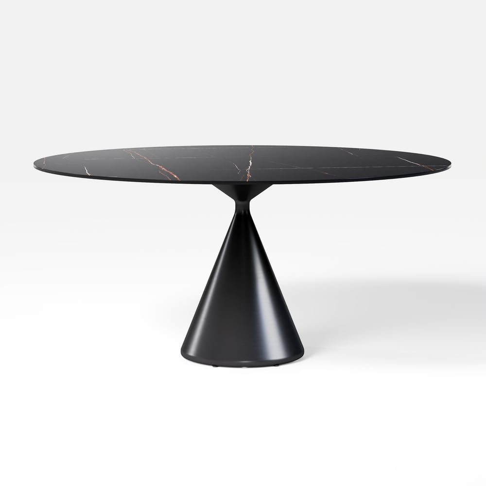 Modern 60" Round Matte Sintered Stone Dining Table with Black Pedestal Base, Seats 6 window image