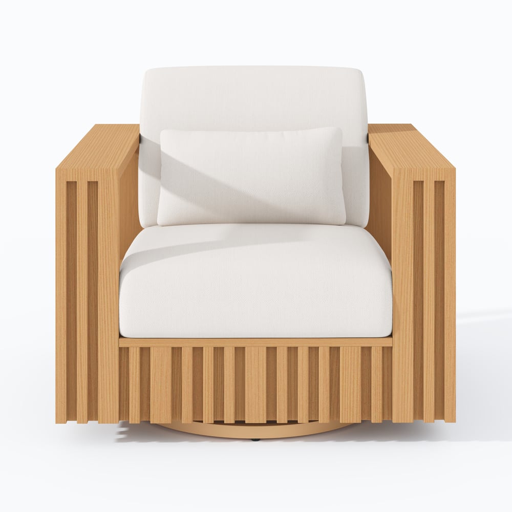 Modern Outdoor Sculptural Fluted 360-Degree Swivel Accent Chair in Natural window image