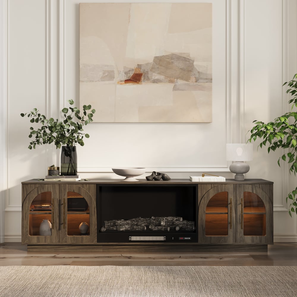 Arune 80" Arched Glass Doors Electric Fireplace TV Stand with Remote Control window image