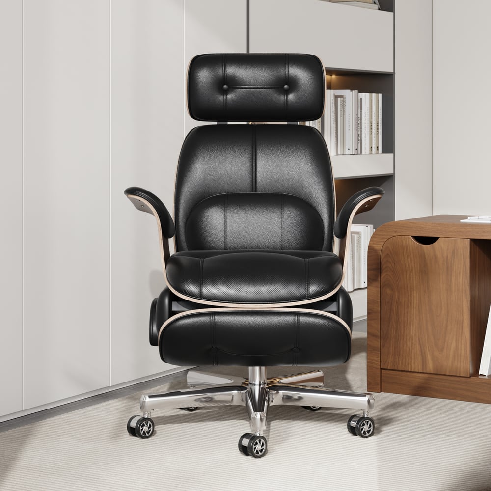 Black Genuine Leather Power Reclining Executive Office Chair Swivel Office Desk Chair window image