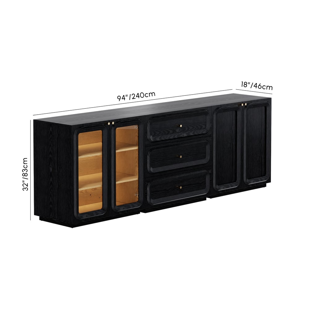 94" TV Stand with Chest Cabinet featuring storage and LED weights dimensions image