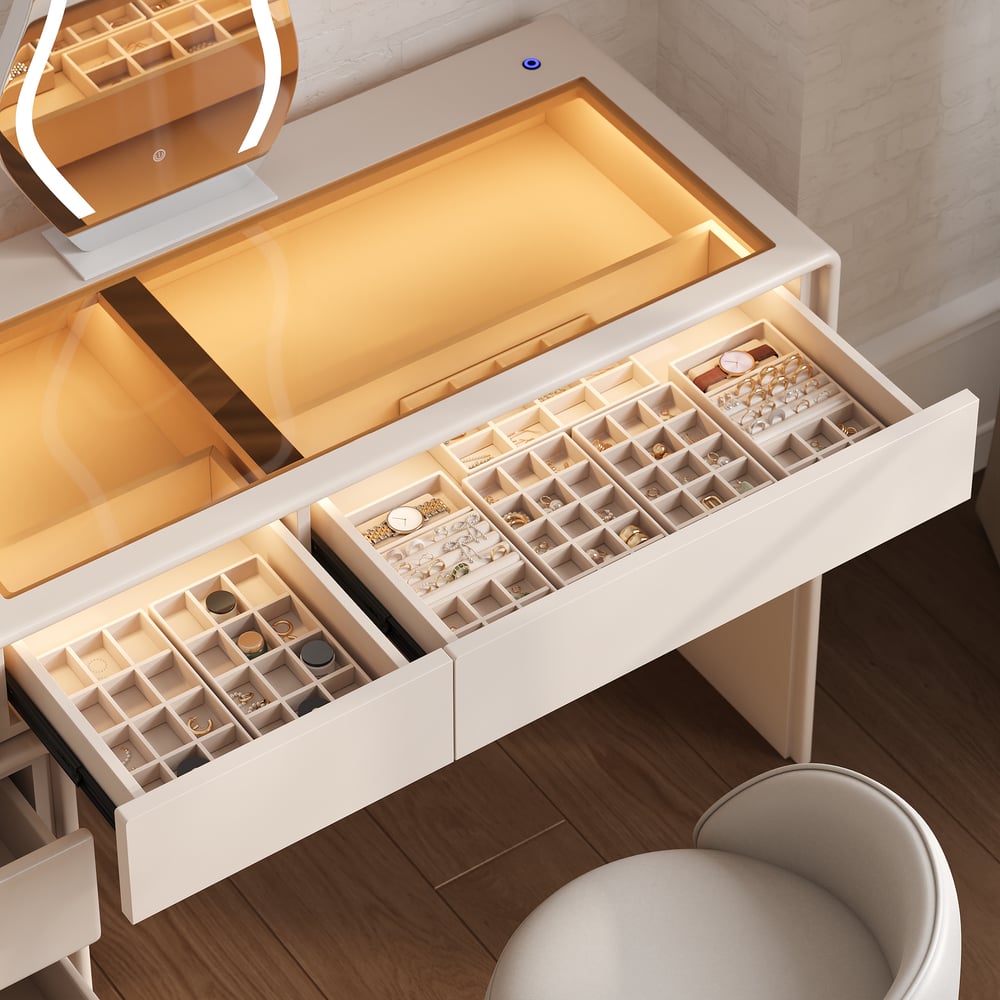 Modern Matte Warm White Makeup Vanity Set with LED Mirror and Jewelry Storage  (40"-57") window image