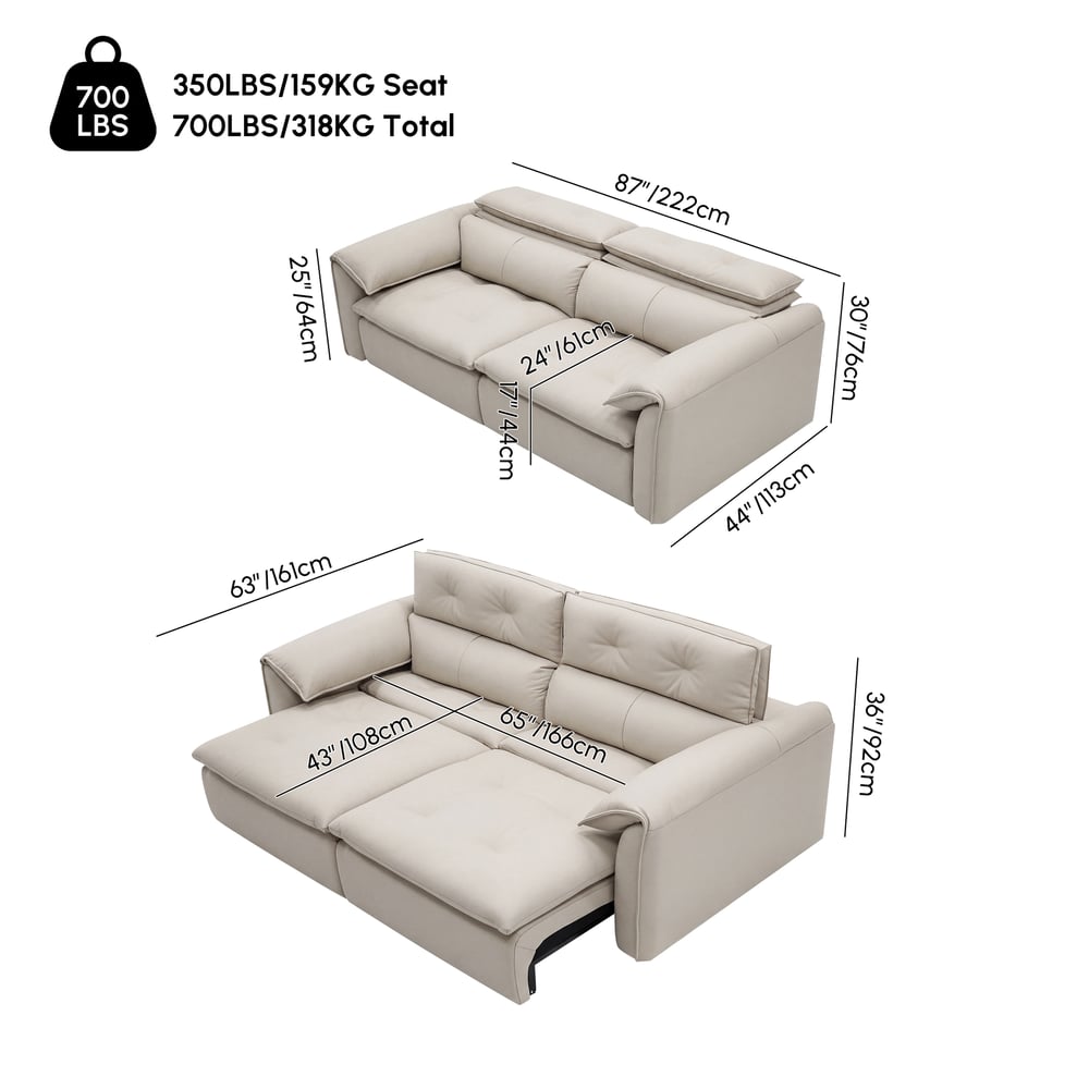 87" 2-Seater Genuine Leather Power Convertible Sleeper Sofa with Adjustable Headrests weights dimensions image