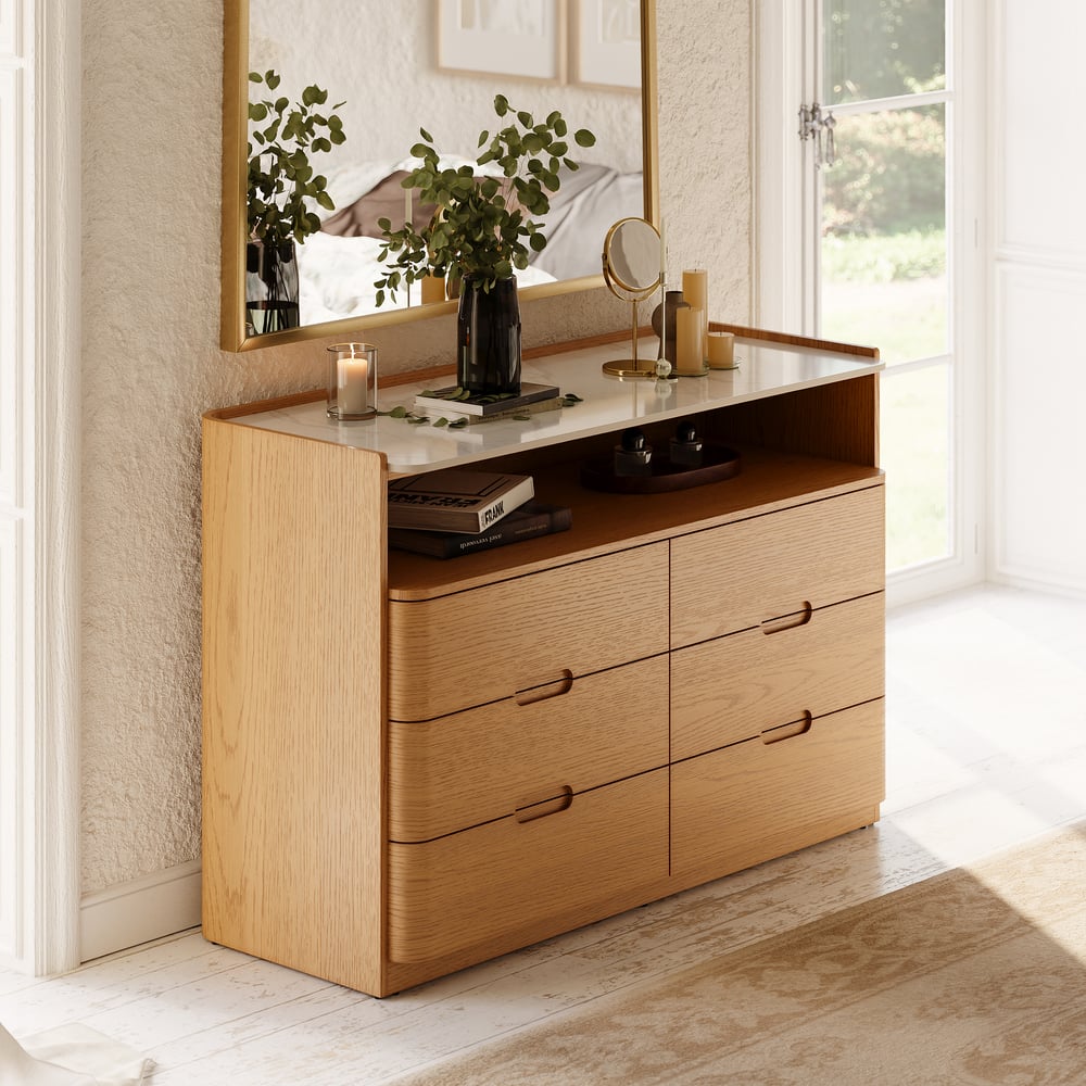 Commode moderne de 47 pouces à 6 tiroirs avec étagère et plateau en pierre frittée image de fenêtre