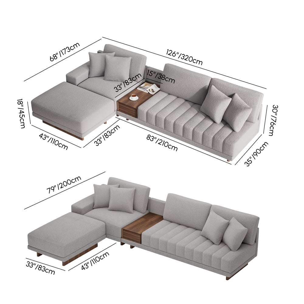 Sofá modular en forma de L Vewal de 320 cm en tela bouclé con chaise longue y otomana pesos dimensiones imagen