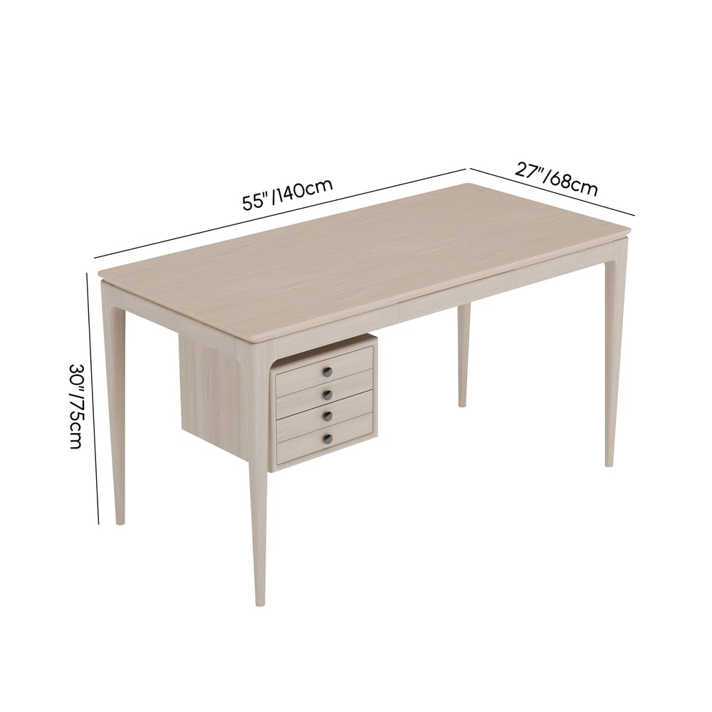 Mid-century Style Whitewash Ash Wood Home Office Desk with 3 Drawers (55.1") weights dimensions image