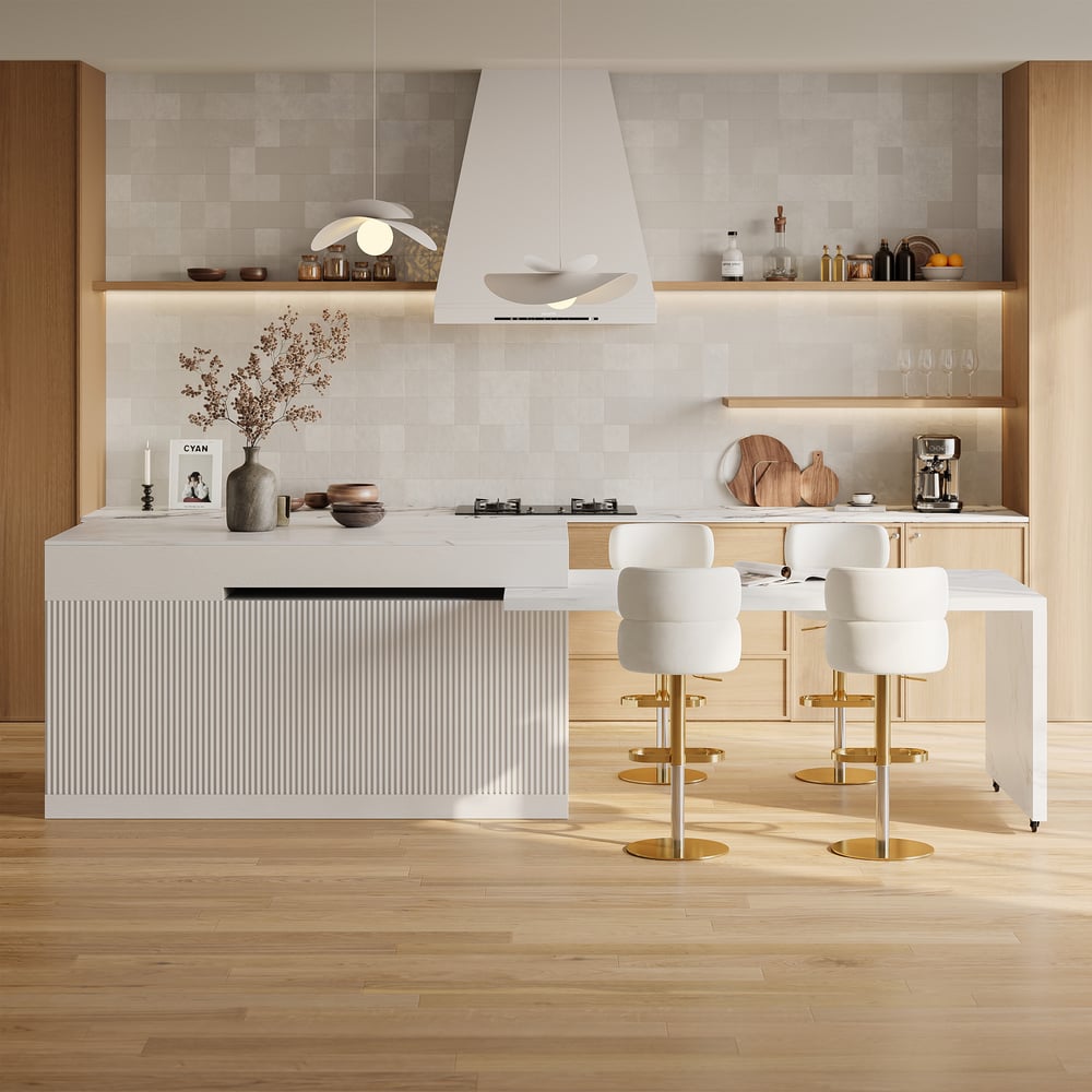 Modern 81"-112" Marble Pattern Kitchen Island with Doors & Drawers, White window image