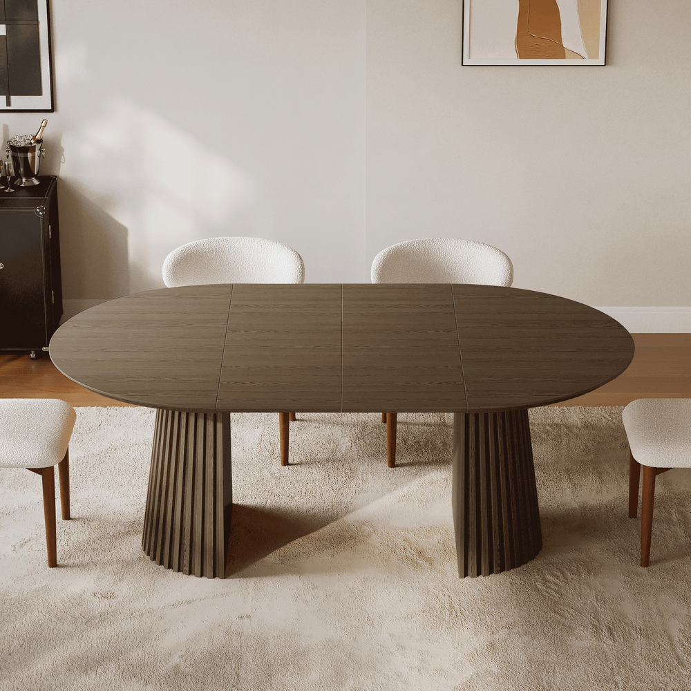 Modern 47"-79" Extendable Smoky Brown Wood Dining Table with Fluted Base, Seats 4-6 window image